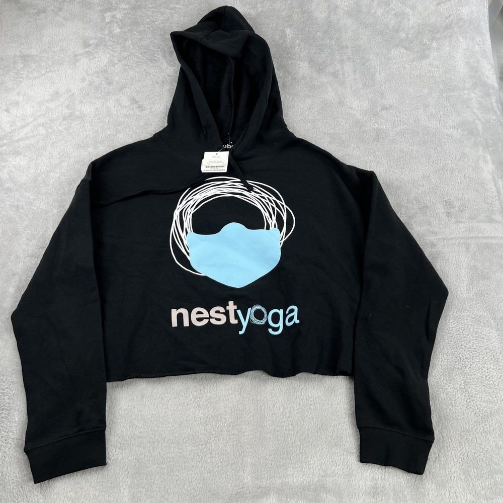 Rubee Nest Yoga Cropped Hoodie L Black Womens Graphic Pullover USA Athleisure